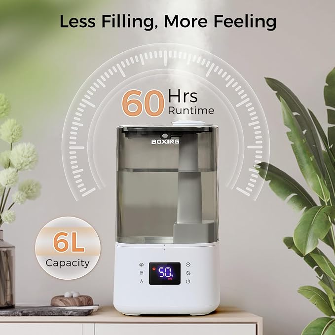 BOXING 6L Warm and Cool Mist Humidifiers for Bedroom, Top Fill Ultrasonic Aroma Diffuser with Remote, Auto Mode Humidistat Perfect for Baby & Plants, Quiet Sleep, Timer, Auto Shut-Off, 60H Runtime
