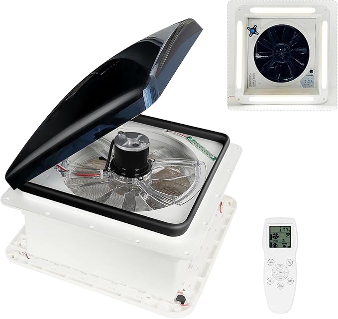Upgraded Remote Control RV Roof Vent Fan with LED Light, 12V DC 14" Super Quiet RV Roof Fan with Rain Sensor, 10-Speed, Reversible