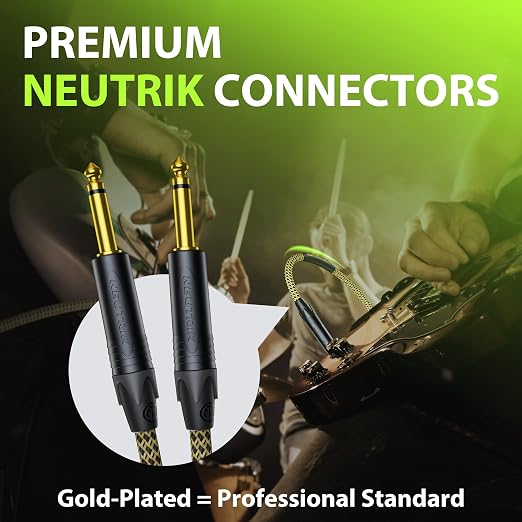 AA AUDIO ACCESSORY Gold Series Guitar Cable 15 ft (Gold-Plated Neutrik Connectors) 16 AWG, Kevlar Reinforced Braided 1/4 Instrument Cord for Electric Guitar Amp Bass, 100% Shielded, Yellow/Black