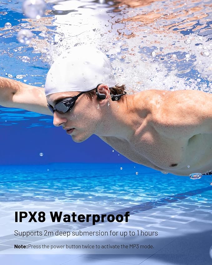 PSIER Bone Conduction Swimming Headphones with Dual Driver, IPX8 Waterproof Air Conduction Open Ear Buds MP3 Mode 32GB Memory 8H Playtime Bluetooth 6.0 Earbuds Deep Bass for Sports