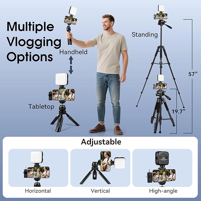 Vlogging Kit with Wireless Lavalier Microphone for iPhone, Android, YouTube Starter kit Content Creator Equipment with 60” Extendable Fullsize Tripod, Soft Light for Vlogging, YouTube, TikTok