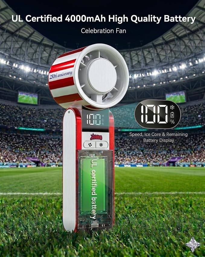 USA 250th Anniversary Celebration Fan Portable cooling with Ice Core technology, lanyard, UL-certified 4000 mAh battery, larger fan head with 9000 RPM for noise reduction