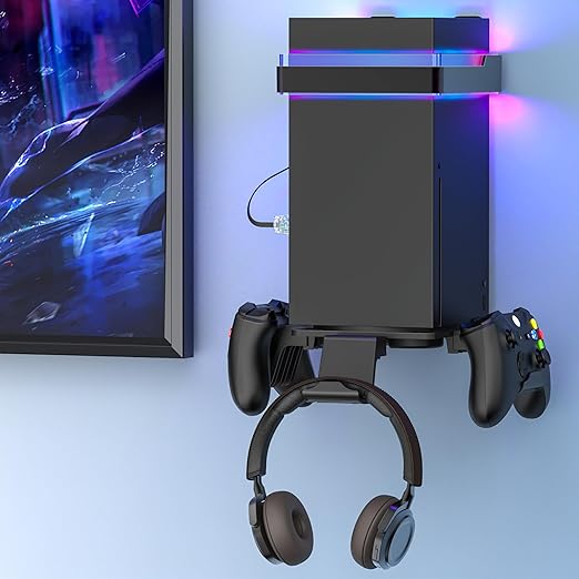 Wall Mount for Xbox Series X/S-Wall Mount Kit with 2 Controller Holder &1 Headset Stand & RGB Light, Xbox series X/S Wall Mounted Bracket Shelf Stand- Safely Organize Your Xbox X/S Series Accessories
