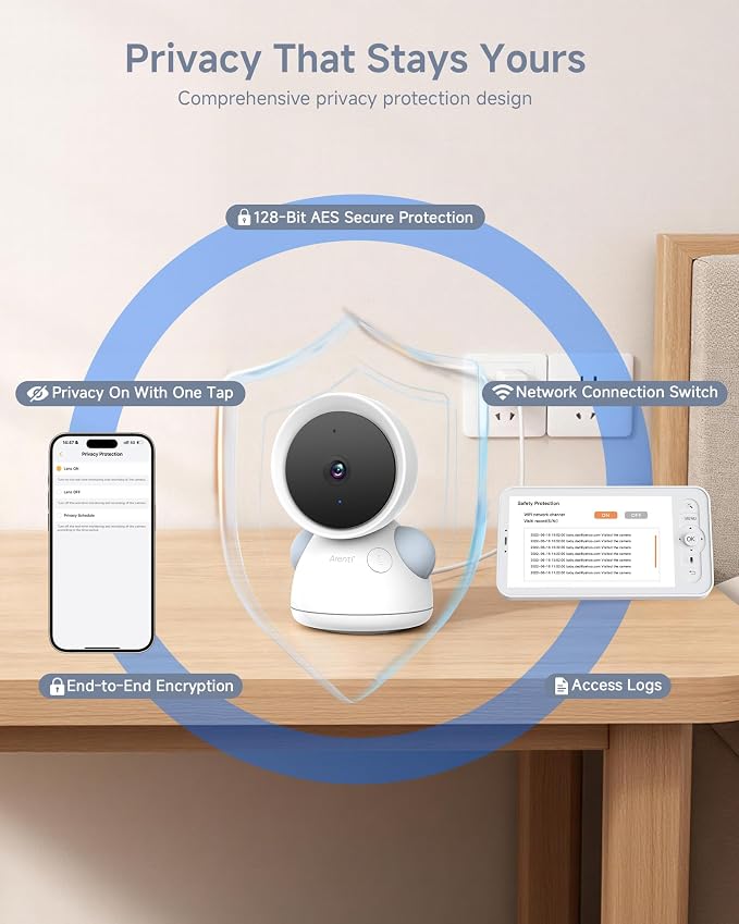 ARENTI Baby Monitor, 2K/3MP WiFi 6 Camera and Audio, 5-inch Wireless Screen, Smartphone App, Super Night Vision, Crying Detection, Auto Tracking, Temp&Humidity Sensor, Cloud&SD Card Storage (D3 Kit)