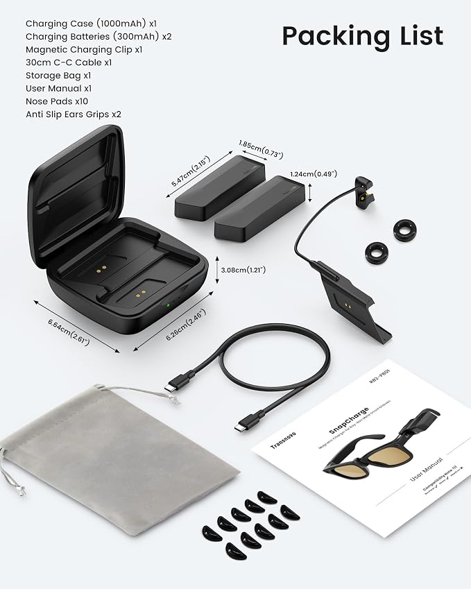 TRANSNOVO Wearable Charger Compatible with RayBan Meta Smart Glasses, 1600mAh Charge While Wearing 24H Extended Battery Pack, Portable Magnetic Charging Accessories for Wayfarer, Skyler Gen 1 & Gen 2