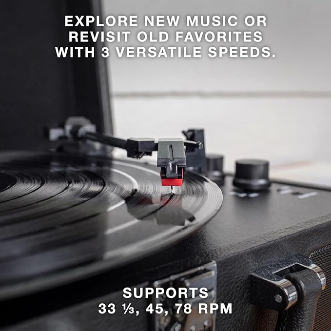 Victrola Journey Bluetooth Portable Suitcase Record Player – with Built-in Speakers, 3 Speed Vinyl Record Player, RCA Out, Headphone Jack (Black Rose Gold)