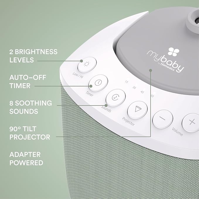 MyBaby Lullaby 2-in-1 Projector & Sound Machine with 8 Soothing Sounds, Adjustable Volume, Rotating Night Light Projector with 3 Calming Images, Auto-Off Timer, by Homedics