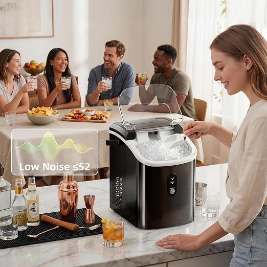 Nugget Countertop Ice Maker with Soft Chewable Ice, 34Lbs/24H, Pebble Portable Ice Machine with Ice Scoop, Self-Cleaning, One-Click Operation, for Kitchen,Office Stainless Steel Black
