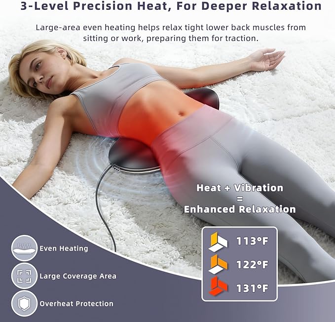 Zenopax 4-in-1 Electric Lumbar Traction Device - Adjustable Back Massager for Deep Tissue Pain Relief with Heat, Vibration, Electrotherapy, Home Lumbar Decompression ＆ Sciatica Relief(Golden)
