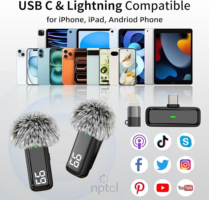 NPTCL Wireless Lavalier Microphone for iPhone Android Phone - USB Type C Mini Microphone with 24H Charging Case Noise Reduction for Video Recording Vlog YouTube TikTok