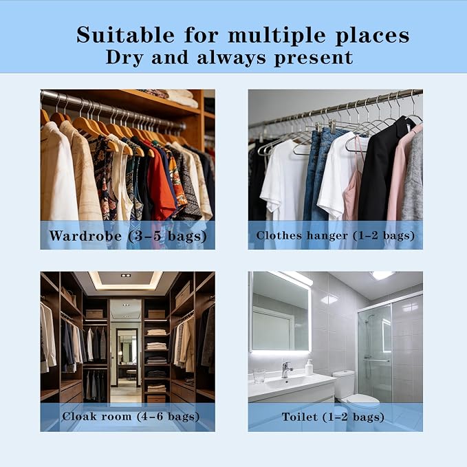 6 in 1 Moisture Absorbers Packets Set, Dehumidifier Bags for Closet, Unscented Hanging Humidity Absorber in Wardrobes, Bedrooms, Bathrooms, Car and More (Capacity 500 Milliliters/Bag；6 Bags)