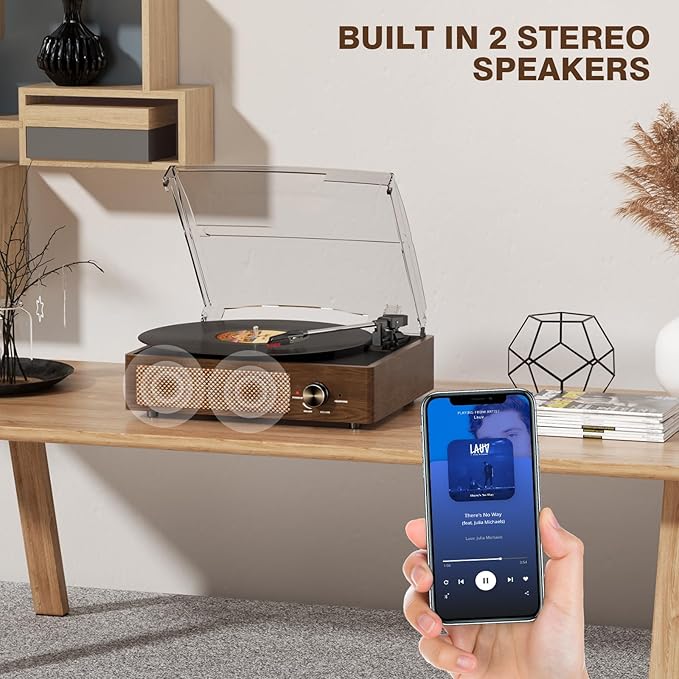 Bluetooth Vinyl Record Player,3-Speed Turntable with Stereo Speakers Vintage Phonograph Record Player, with RCA Line Out AUX in Headphone Jack Coffee Wood