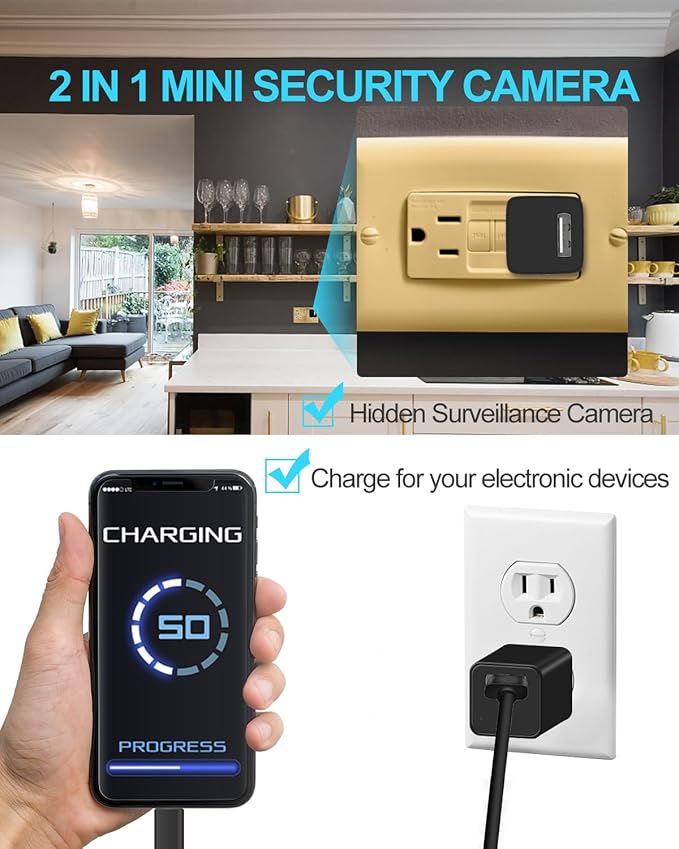 Small Spy Camera,1080P Indoor Security Camera USB Charger Hidden Cameras with Motion Detection Loop Recording Mini Secret Cameras Nanny Cam for Home Surveilance No WiFi No Audio