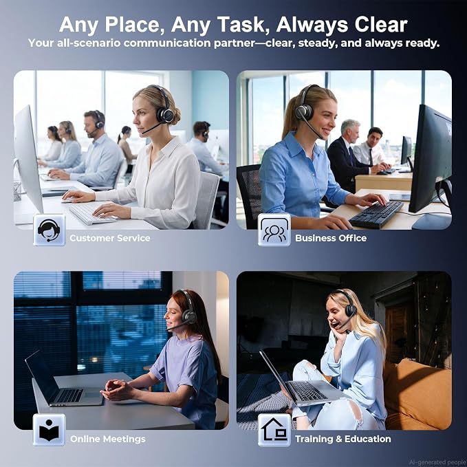 Wireless Headset with Mic for Work, USB A/C Dongle, Bluetooth 6.0 Headset with AI Noise Cancelling Microphone, Wireless Headphones with Mic Mute & 65H, Wireless Headset for PC/Computer/Laptop/Teams