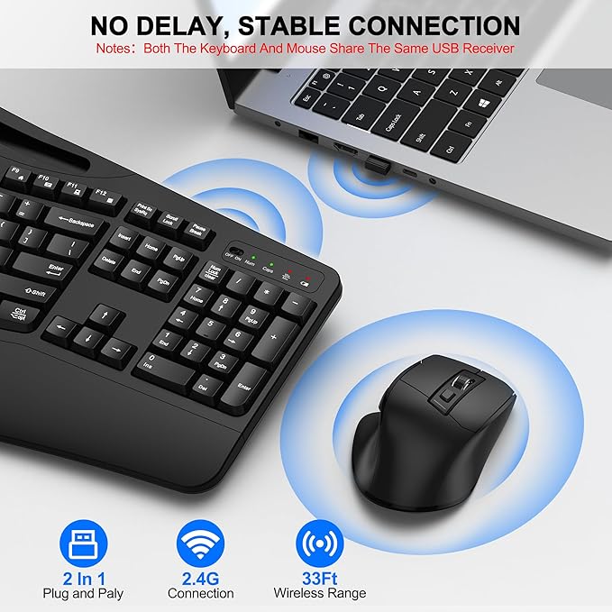 Wireless Keyboard and Mouse Combo, 2.4G Full Size Wave Keys Ergonomic Keyboard with Wrist Rest, Phone Holder, 3-Level DPI Adjustable Wireless Ergonomic Mouse for Windows, Mac Desktop/Laptop/PC(Black)