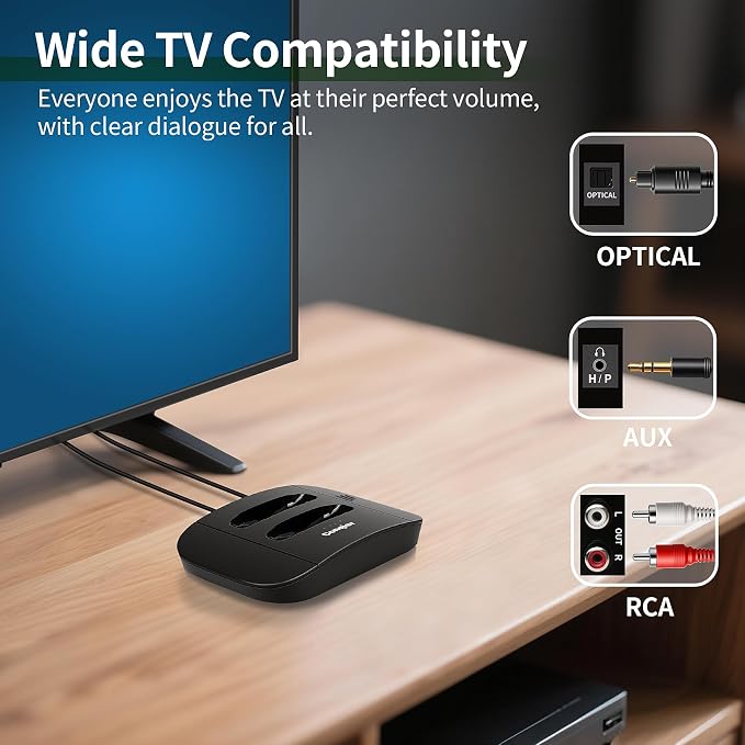 Conqier 2.4G Digital Wireless TV Headphones - for Seniors - 164FT Range No Signal Drop, Voice Enhancer & 3 Tone, L/R Balance, Spare Battery, Stereo TV Headset Works with Most TVs - Headphone No Delay