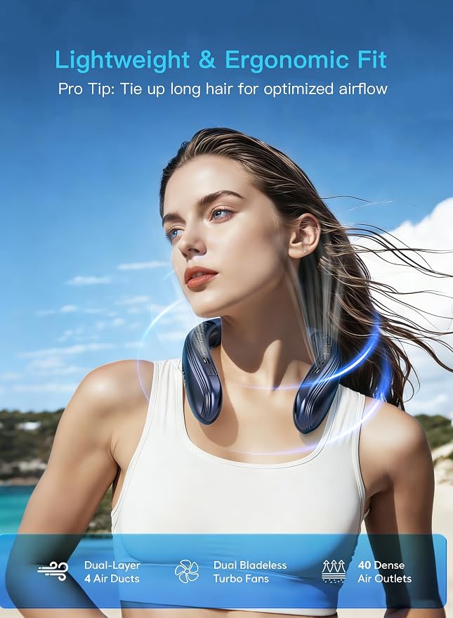 Neck Air Conditioner Portable, Neck Fan with Large Cooling Plate & NTC Control,Upward & Downward Back Airflow, 6000mAh Bladeless Wearable Fan for Outdoor, Travel, Office, Golf (Dark Blue)