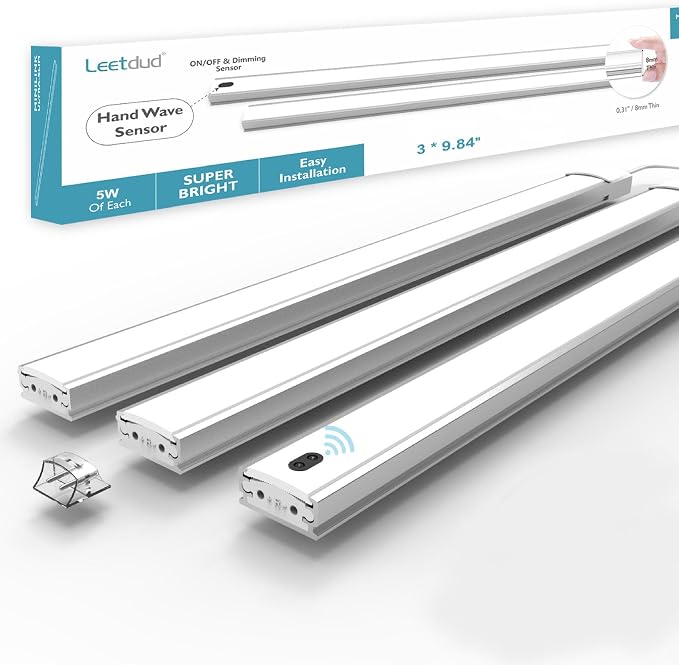 Leetdud Hand Wave Under Cabinet LED Lighting Plug in, 10 Inch 3 Pcs Dimmable Linkable Ultra Thin Aluminum Alloy Housing, 4000K Natural White Motion Sensor Counter Lights for Kitchen, Shelf, Cupboard