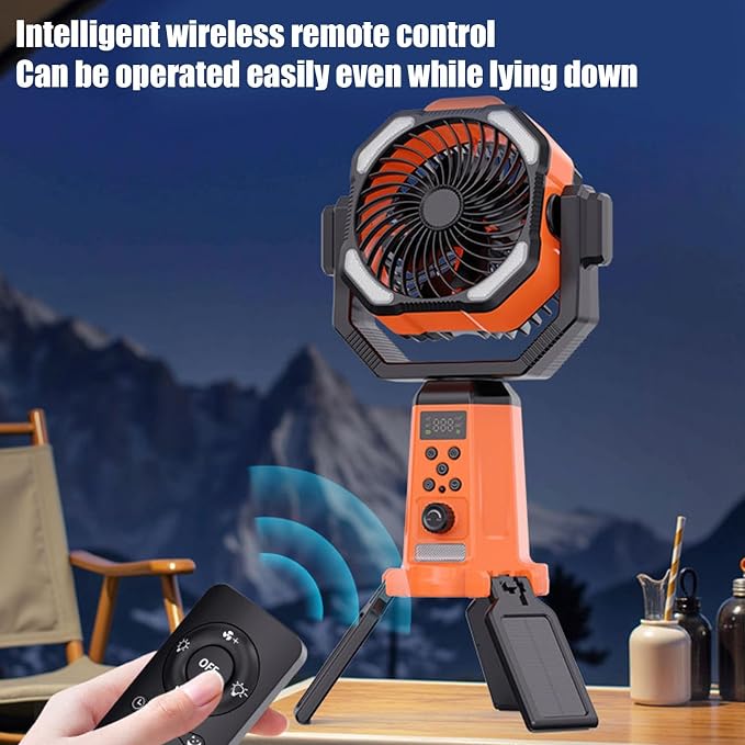 Solar Camping Fan with Mist, 20000mAh Rechargeable Battery Powered Outdoor Fan with LED Light & Remote Control, Oscillating Portable Fan with Tripod Stand for Camping, Tent, Patio, Power Outage