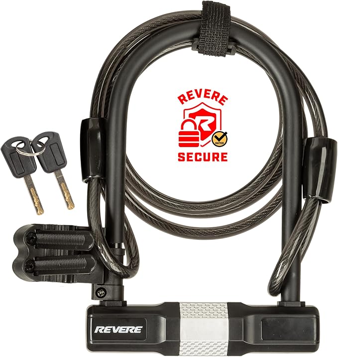 Revere USA Bicycle Keyed U-Lock with Extra Long Cable. Heavy Duty Hardened Steel. Protect Your Bike, e-Bike, Scooter or Motorcycle. Includes 2 Keys and Frame Mount. Anti-Mar Finish Ultimate Security.