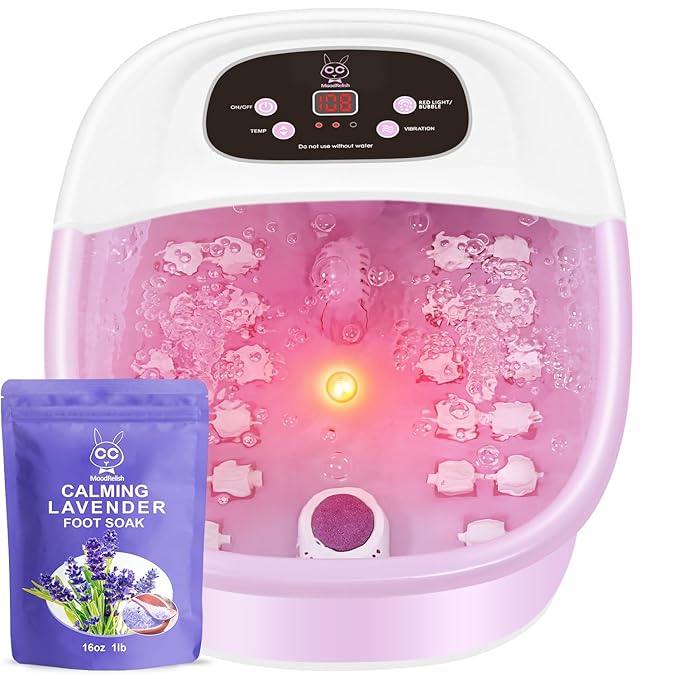 MoodRelish Foot Spa Bath Massager with Heat Bubbles and Vibration Massage and Jets, 16 OZ Calming Lavender Foot Soak Epsom Salt, Foot Soaker with Red Light, 22 Massage Rollers, Adjustable Temp - Pink