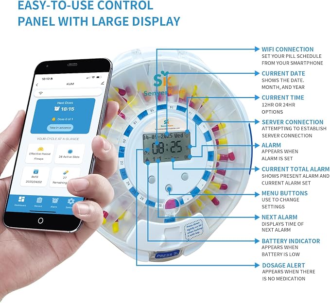 Smart WiFi Automatic Pill Dispenser with App, Locked Medication Organizer for Elderly - Tracks Adherence History, 28 Slots, Sound/Light/APP Alerts, Up to 9 Alarms/Day, for Vitamins, Supplements