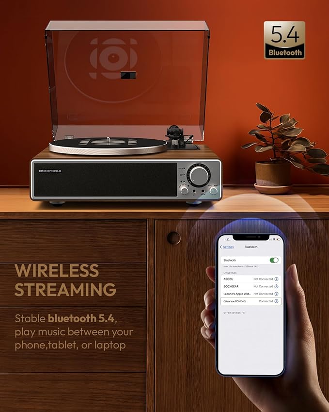 ONE-Q All-in-one Vinyl Record Player with Bluetooth 5.4, HiFi Turntable Built-in Speakers, Phono Preamp, AT-3600L Cartridge, 33/45 RPM, Auto Off