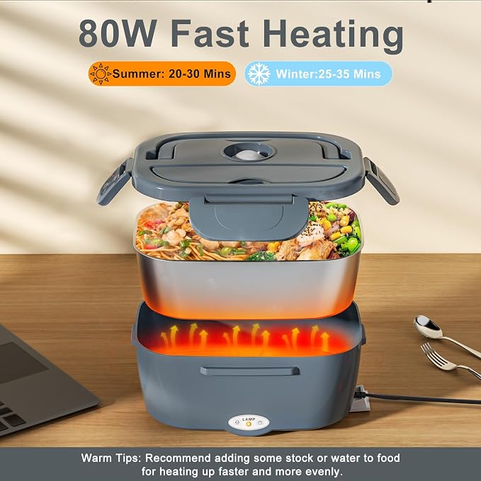 Akhia Electric Lunch Box for Adults, Heated Lunch Box for Men with 2 Stainless Steel Container, 1.5L Portable 80W Food Warmer Lunch Box 110V/12V/24V/240V for Car/Truck/Dad/Husband,Gift for Fathers Day