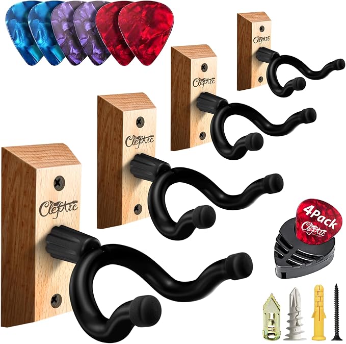 Black Guitar Wall Mount 4 Pack, Picks and Pick Holders, BeechWood