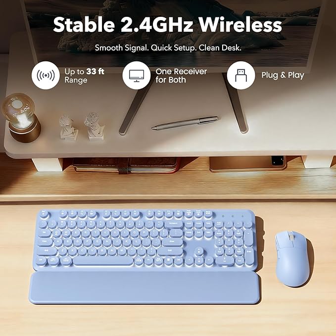 Wireless Keyboard and Mouse Combo, Backlit Round Keycaps, Retro Typewriter Keyboard with Detachable Wrist Rest, Rechargeable & Tilt Legs, 2.4GHz Cordless Connection for Windows/PC (Glowing Purple)