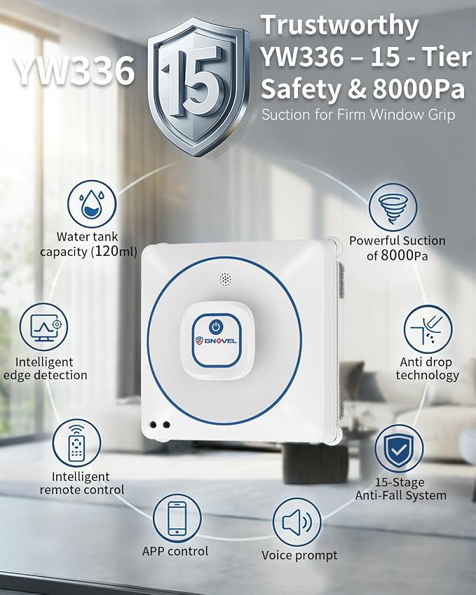 Window Cleaning Robot, 8000Pa Auto Window Cleaner with Intelligent Path Planning, 15-Stage Anti-Fall for High-Rise Glass, App & Remote Control, Hands-Free for Tile & Floor-to-Ceiling Windows