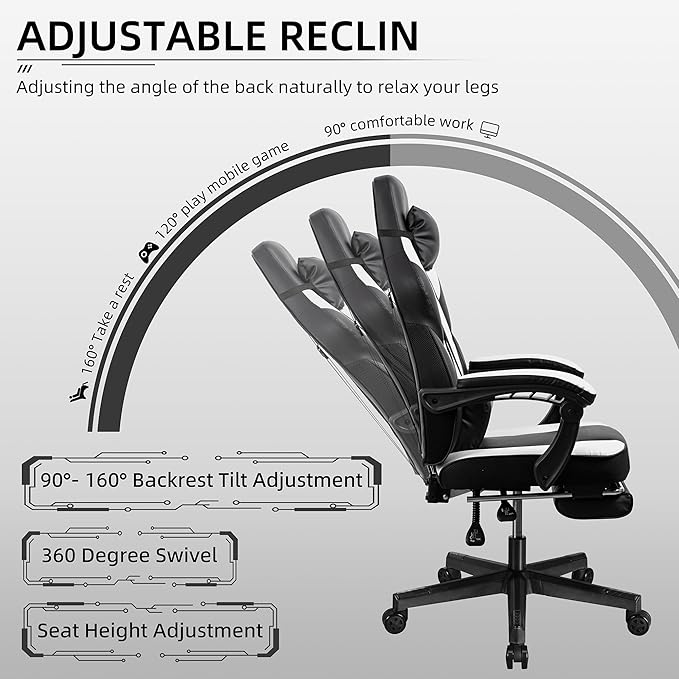 Shintenchi Gaming Chair,Video Game Chair with footrest and Massage Lumbar Support,Height Adjustable Game Chair with 360°Swivel Seat Ergonomic Computer Chair with Headrest for Office or Gaming(White)