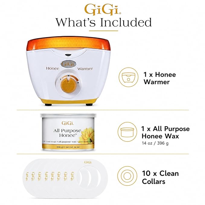 GiGi Wax Warmer for Hair Removal, Face and Body Depilatory Kit with All-Purpose Honee Wax and 10 Collars, Adjustable Temperature, 14 oz
