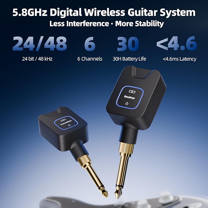Wireless Guitar System 5.8GHz Digital Transmitter Receiver, 24bit/48kHz Audio, ＜4.6ms Low Latency, 6 Channels, 30m Outdoor Range, 30H Playtime with Charging Case for Electric Instruments