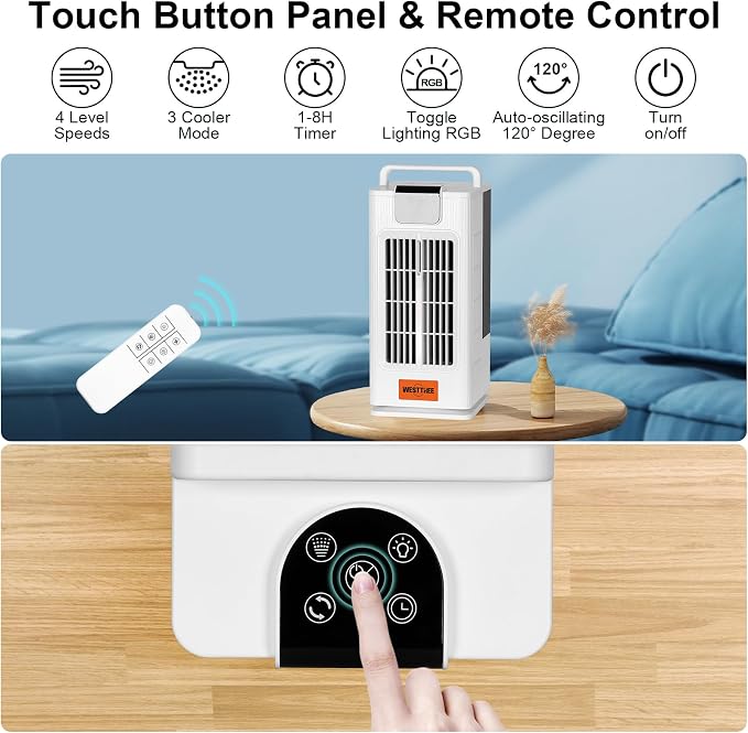 WESTTREE 14inch Portable air conditioners Misting Fan,120°Oscillating mini Air Conditioner,Desk air 3 Level Humidify 4 Speeds, 7 RGB Color Night Lights Desktop Portable Air Conditioners for Bedroom