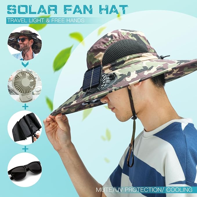 Berlune Sun Hat with 2 Solar Fan Wide Brim Fishing Bucket Hat USB & Solar for Men Women UPF 50+ Cooling for Fishing Beach