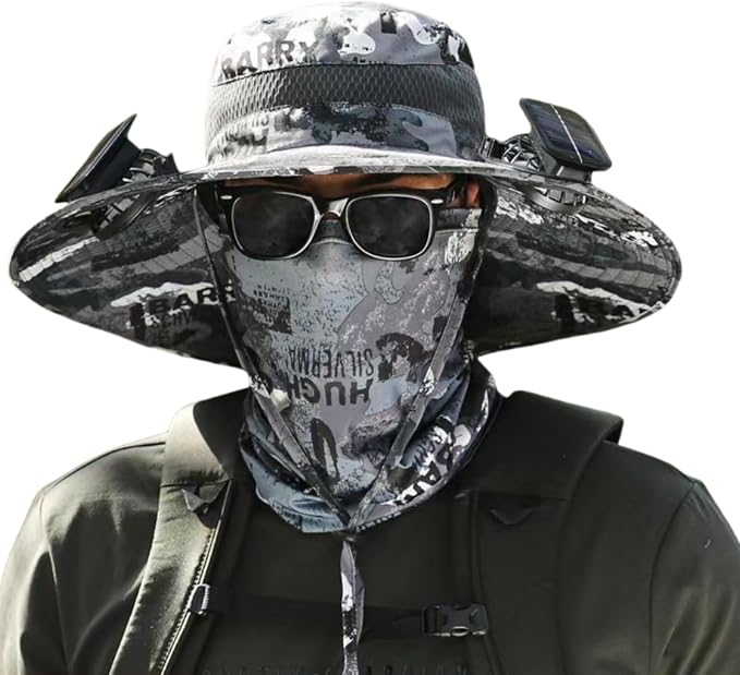 Wide Brim Solar Fan Outdoor Fishing Hat,Waterproof Hat with Two Solar Fan for Men/Women,Solar Fan Hat UPF50+