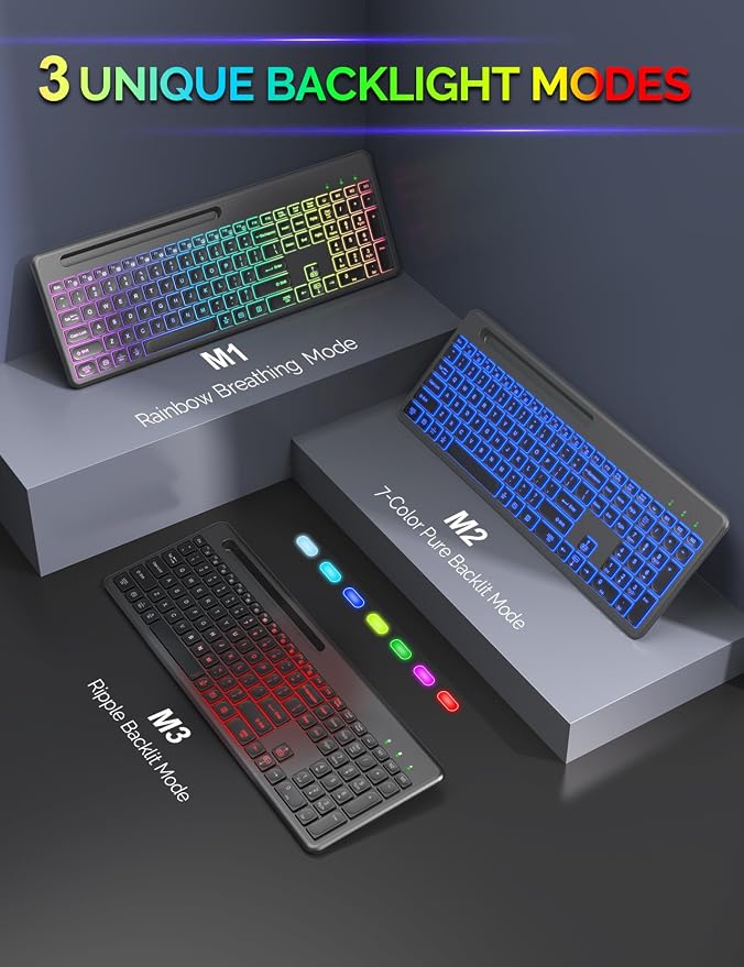 Wireless Keyboard and Mouse, 15 Backlit Effects, Slim Rechargeable Keyboard & Mouse Combo with Phone Holder, Light Up Keys, Lag-Free USB-A & C Cordless Set for PC, Laptop, Windows- by SABLUTE