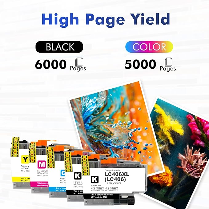 LC406 LC406XL Ink Cartridges for Brother Printer for Brother LC406 Ink Cartridges MFC-J4335DW MFC-J5855DW MFC-J6555DW MFC-J4535DW MFC-J6955DW (5Pack -2Black Cyan Magenta Yellow)