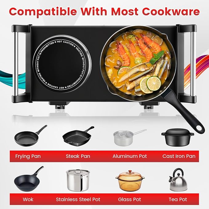 Electric Burner, Electric Hot Plate for Cooking Portable Cooking Stove, Countertop Burner Cooktop for Kitchen, Dorm, Temperature Control, Easy to Clean, Black