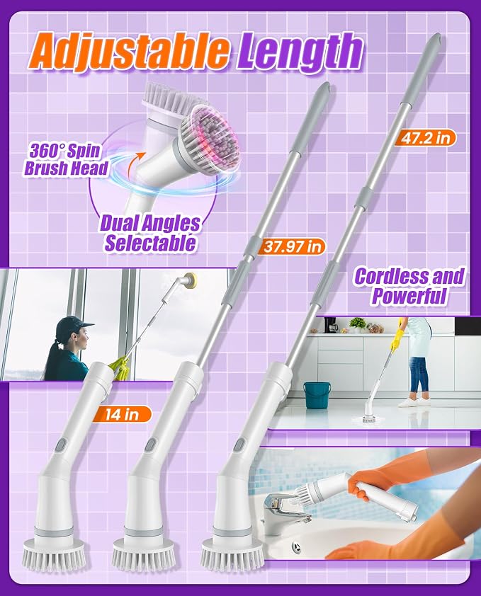 Electric Spin Scrubber, Cordless Shower Scrubber with 5 Replaceable Heads & Adjustable Extension Handle, 2 Speeds & IPX7 Waterproof Cleaning Brush for Bathroom Floor Tile and Grout, White-tb1