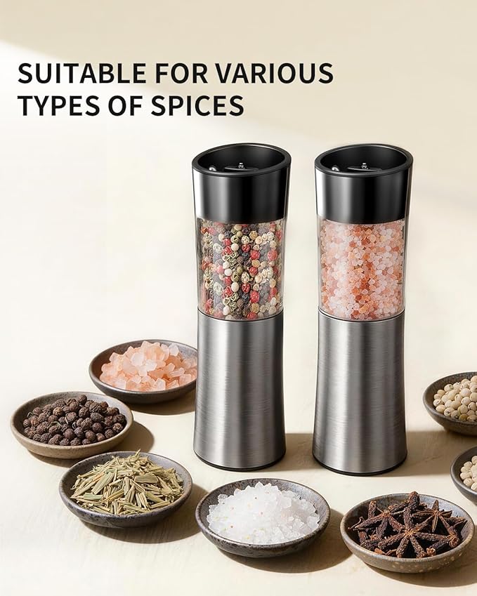 CIRCLE JOY Rechargeable Gravity Electric Salt and Pepper Grinder Set Automatic Stainless Steels Salt and Pepper Mills with LED Light, No Battery Needed, Adjustable Coarseness,for Home Kitchen BBQ