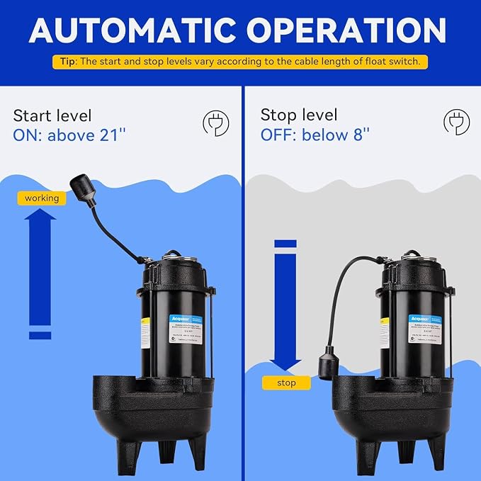 Acquaer 1/2HP Submersible Sewage/Effluent Pump, 6000 GPH, Cast Iron, Automatic Tethered Float Switch, 115V Sump Pump for Sump Basin, Residential Sewage, Basement, 2'' NPT Discharge