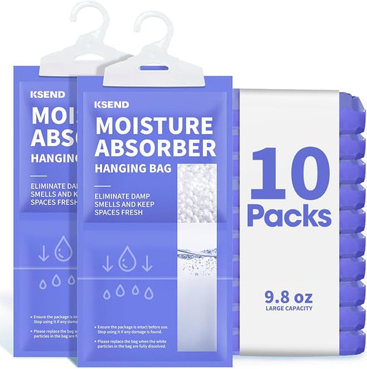 Ksend Moisture Absorbers 10 Pack, 9.8 Oz Compact Dehumidifier Bags & Packs, Moisture Hanging Bag, Humidity Absorbers, Closet Deodorizer Against Musty Odors, 11.8'' x 6.3''