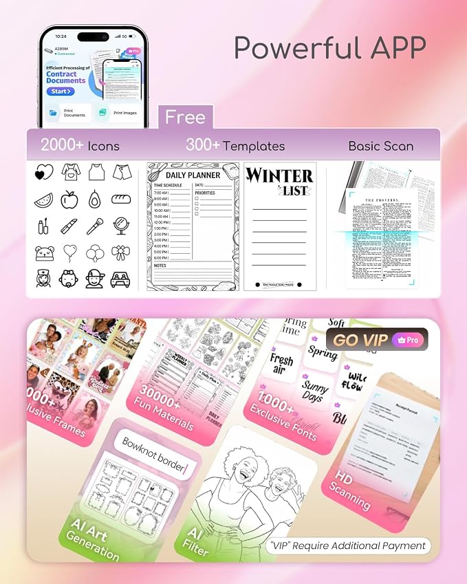 Portable Printers Wireless for Travel, A285M Bluetooth Inkless Thermal Printer Support 8.5" X 11" & A4 Thermal Paper, Small Mobile Printer Compatible with iPhone Android Laptop for Home Receipt, Pink