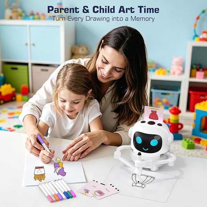 Drawing Robot for Kids, 200 Cards Voice Interactive Educational Toy for 3 4 5 6 7 8 Year Old Boys and Girls. Montessori Painting Learning Robot with Music, Party Birthday Gifts