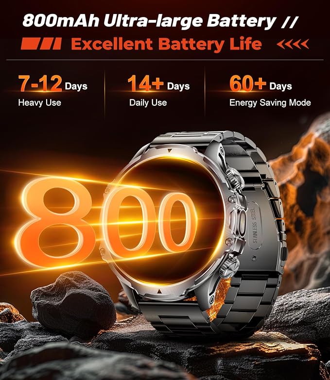 Military Smart Watch for Men, 1.85'' HD Large Screen Smartwatch, 800mAh/LED Flashlight/IP68 Waterproof/Pedometer/100+ Sports Fitness Tracker, Mens Smart Watches for Android iOS, Black