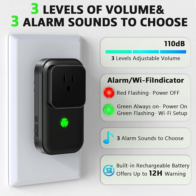 Power Failure Alarm WiFi, Freezer Power Outage Alarm, Free App Notification | Loud 110dB Alarm, 3 Sirens, Smart Home Power Monitoring for GFCI Trips, Refrigerator, Sump Pumps, Aquarium
