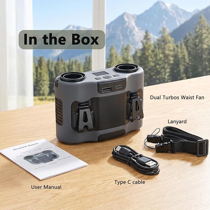 Portable Waist Fan, Rechargeable Belt Clip Fan with Dual Air Outlet, 16000RPM Airflow, Up to 40H Runtime, Hands-Free Neck & Waist Fan for Jobsite Cooling Camping Travel Outdoor (Grey)
