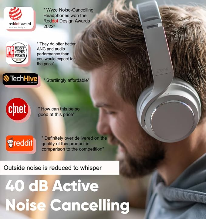 WYZE Noise Cancelling Headphones and Hard Case for Travel, Wireless Over The Ear Bluetooth Headphones with Active Noise Cancellation, Transparency Mode, Clear Voice Pick-up, Alexa Built-in, White